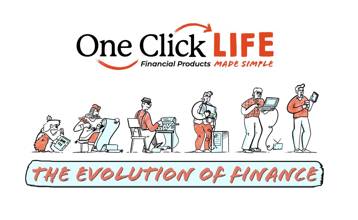 Evolution of Finance: cartoon characters evolving from prehistoric to modern day